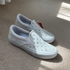 Vans women’s size 5 reflective custom White Slip-On Sneakers with Monogram